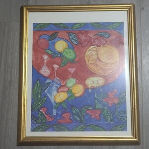 Vibrant Fruit Still Life Wall Art in Blue and Red - Gold Frame